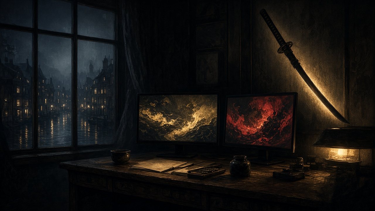 Sfeerbeeld van een game studio in goud en karmozijn