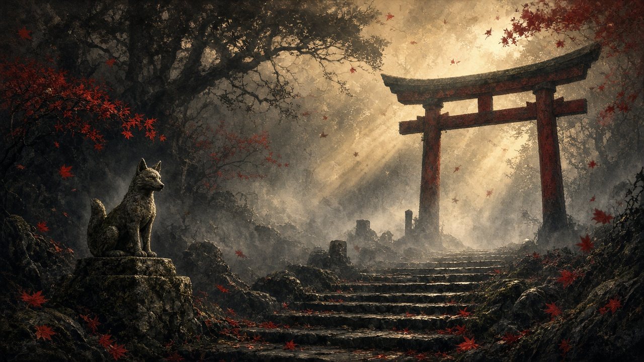 Vossenschrijn en torii in de mist