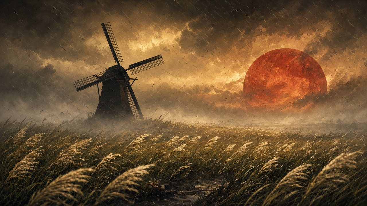 Nederlands landschap met molen in de mist